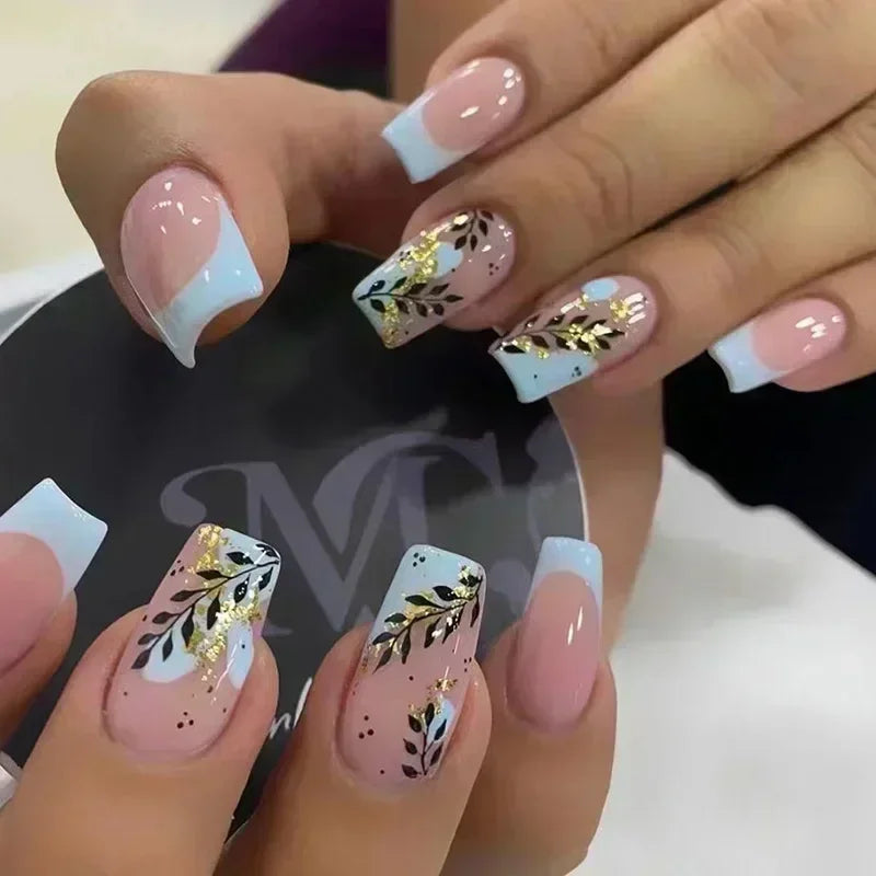 24Pcs Fashion Fake Nails Press on Short Square Head False Nail Art Black Starlit Sky Design Artifical Full Cover Nail Tips 2030