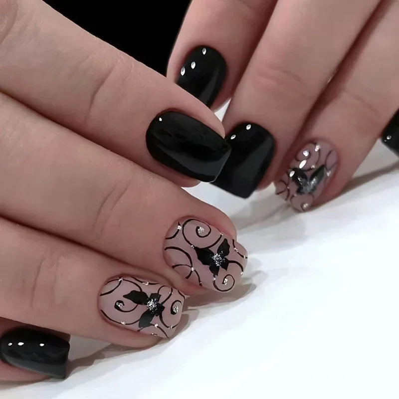 24Pcs Fashion Fake Nails Press on Short Square Head False Nail Art Black Starlit Sky Design Artifical Full Cover Nail Tips 2030